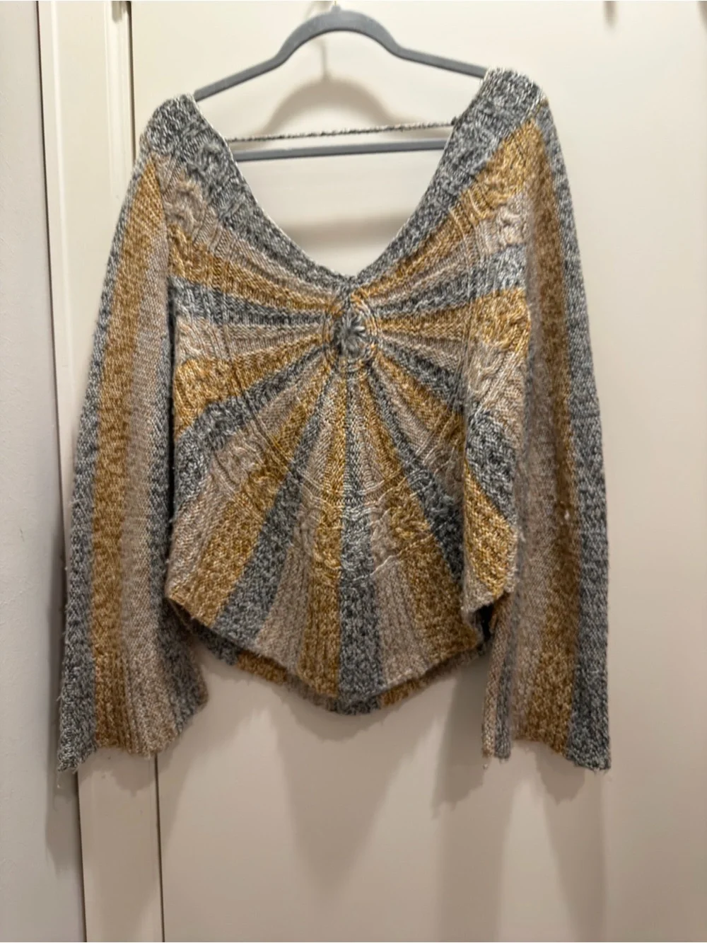 Free People Striped Twist-Front V-Neck Sweater in Gray & Mustard wool blend